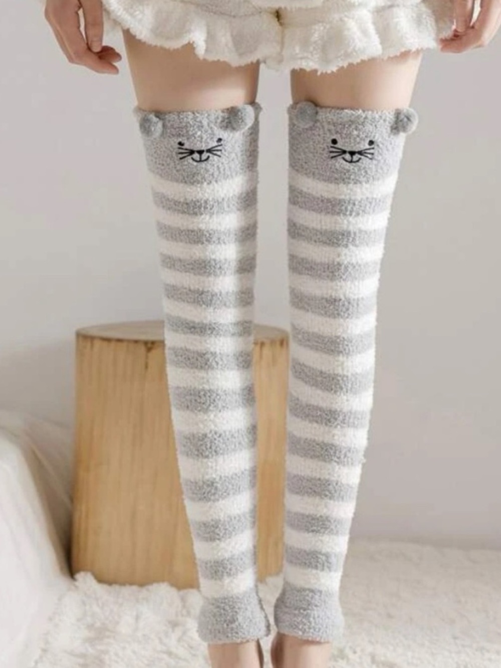 Cozy Grey & White Striped Fuzzy Thigh-High Socks with Cat Face